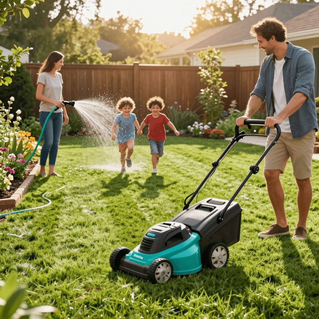 Familie im Garten beim Rasenmähen mit Akku-Rasenmäher