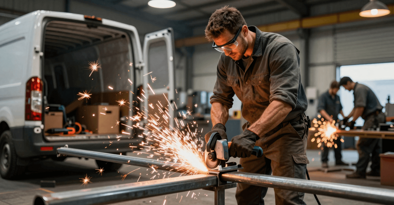 Handwerker beim Trennen von Metallrohren mit einem Akku-Winkelschleifer